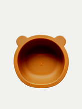 Load image into Gallery viewer, Burnt orange silicone bowl, with suction cup base, in the shape of a bear&#39;s face.
