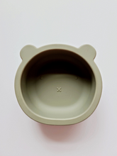 Charger l&#39;image dans la galerie, Sage coloured silicone bowl, with suction cup base, in the shape of a bear&#39;s face.
