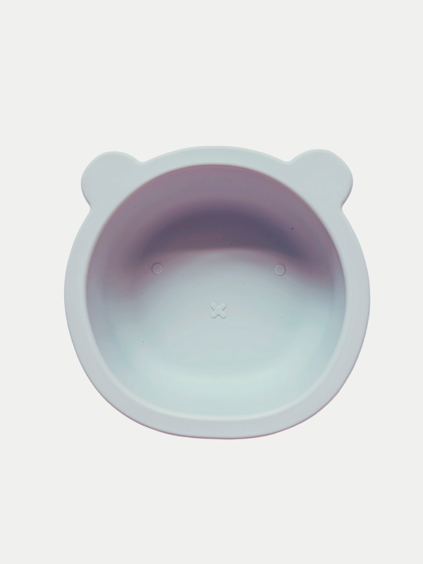 Grey blue coloured silicone bowl, with suction cup base, in the shape of a bear's face.
