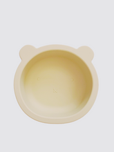 Load image into Gallery viewer, Wheat coloured silicone bowl, with suction cup base, in the shape of a bear&#39;s face.
