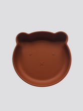 Load image into Gallery viewer, Clay brown silicone plate, with suction cup base, in the shape of a bear&#39;s face.
